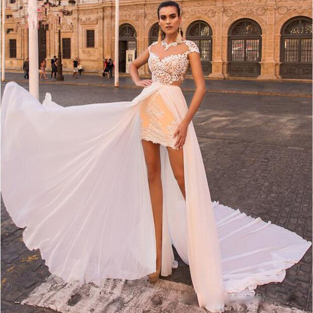 Elegant Satin Lace V Neck Knee Length Short Mini Wedding Dress