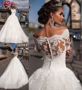 Discount =Cheap 2018 Wedding Dresses Vintage Lace Satin Dubai Bridal Gowns  Illusion Bodice Cap Sleeves V Back Open Formal Wedding Reception Dress Lace