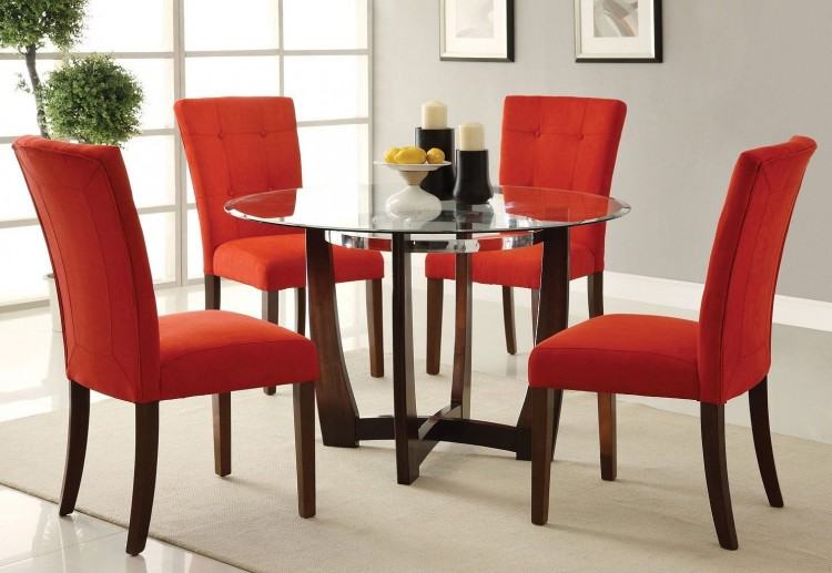 Live edge bench and dining table paired with colorful red chairs  [Design: Deep River