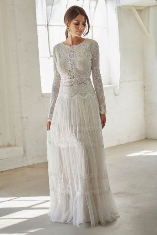 Discount Ersa Atelier High Neck 3/4 Long Sleeve Wedding Dresses Lace  Applique Modest Vintage Wedding Gown Sweep Train Plus Size Bridal Dress  Fitted Wedding